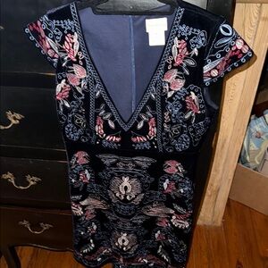 Foxiedox Black Sheath Mini Dress with V-Neck and Flutter Cap Sleeves